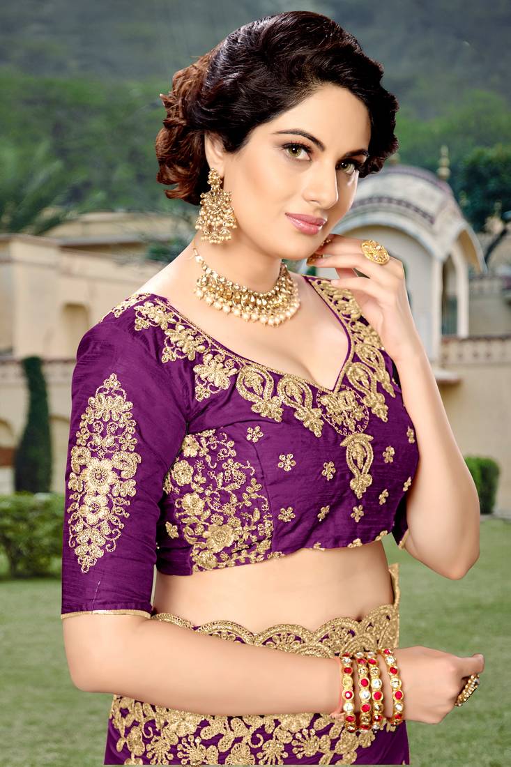 Trendmalls Purple Embroidered Silk Party Wear Saree With Blouse