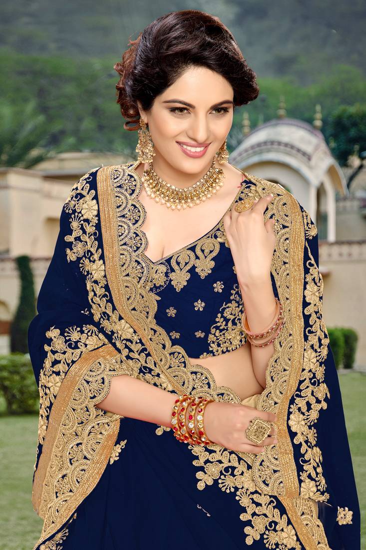 Trendmalls Blue  Silk Heavy Embroidery Work Party Wear Saree With Blouse