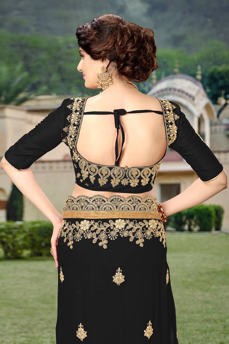 Trendmalls Black  Silk Heavy Embroidery Work Party Wear Saree With Blouse