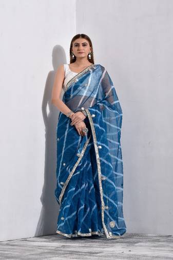 Steel Blue Organza Tissue Leheriya Saree
