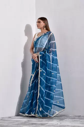 Steel Blue Organza Tissue Leheriya Saree