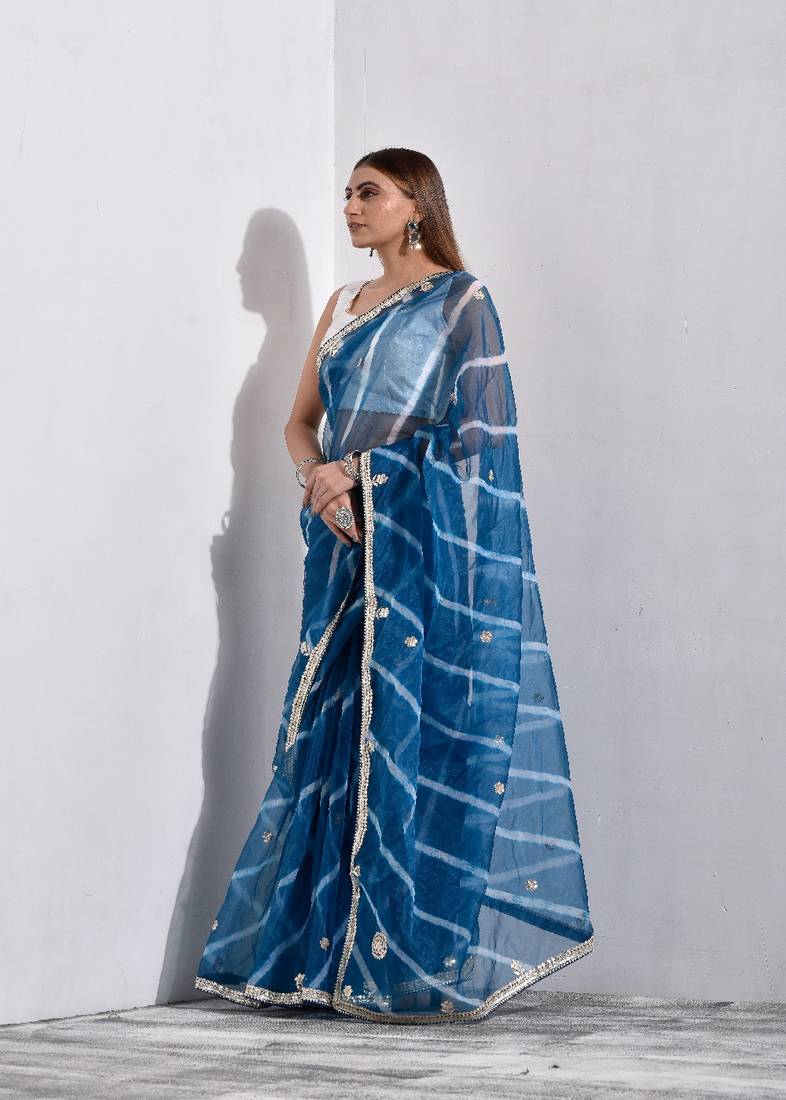 Steel Blue Organza Tissue Leheriya Saree