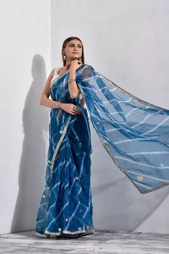 Steel Blue Organza Tissue Leheriya Saree