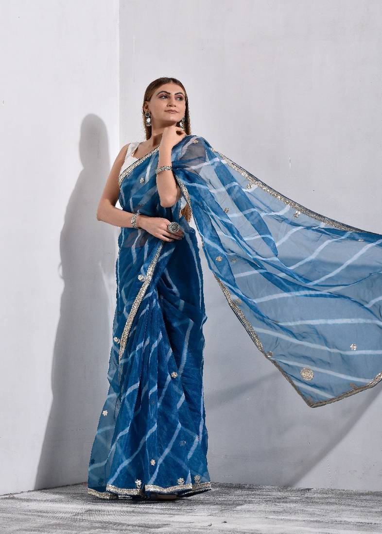 Steel Blue Organza Tissue Leheriya Saree