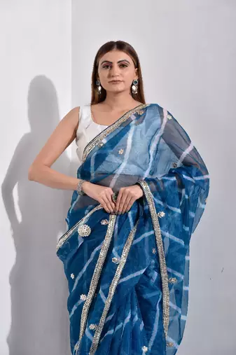 Steel Blue Organza Tissue Leheriya Saree