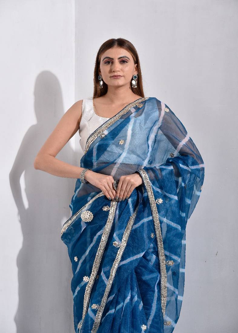 Steel Blue Organza Tissue Leheriya Saree