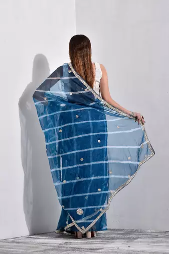 Steel Blue Organza Tissue Leheriya Saree