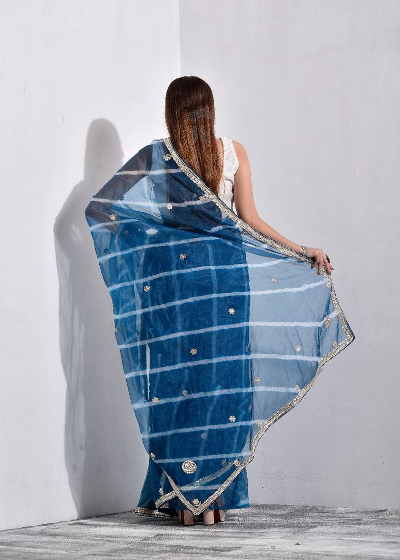 Steel Blue Organza Tissue Leheriya Saree