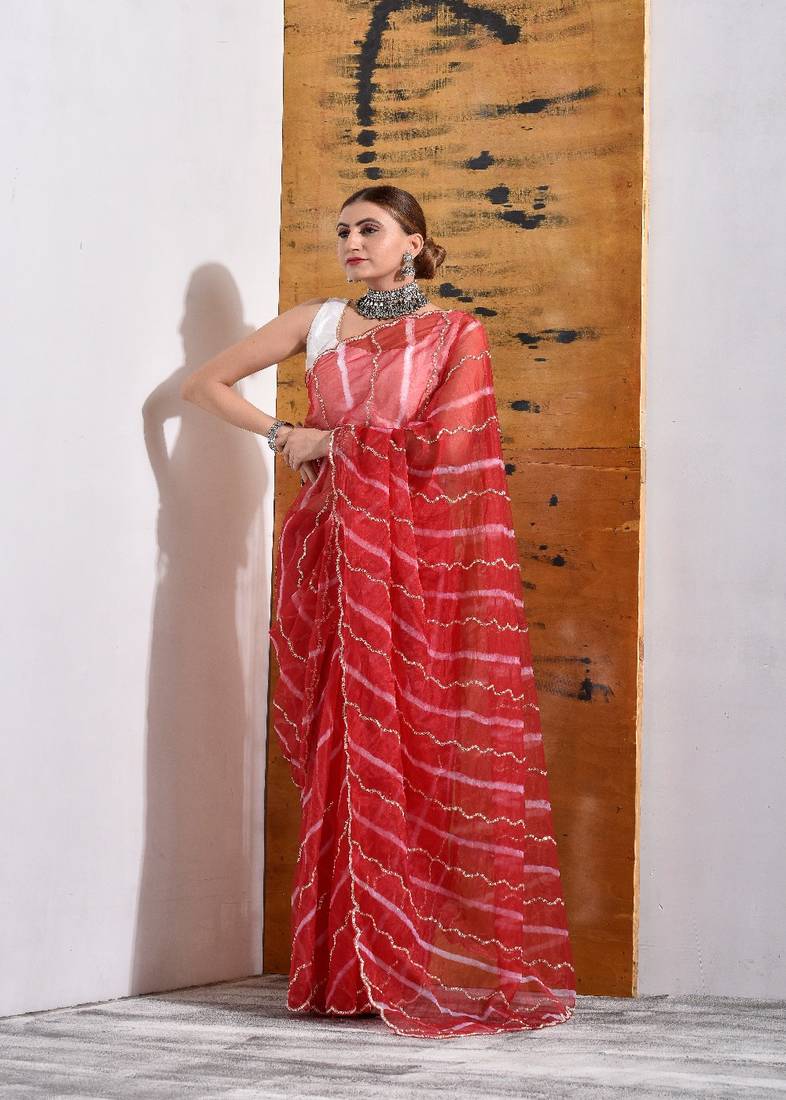 Red Organza Bridal Saree with Pearls