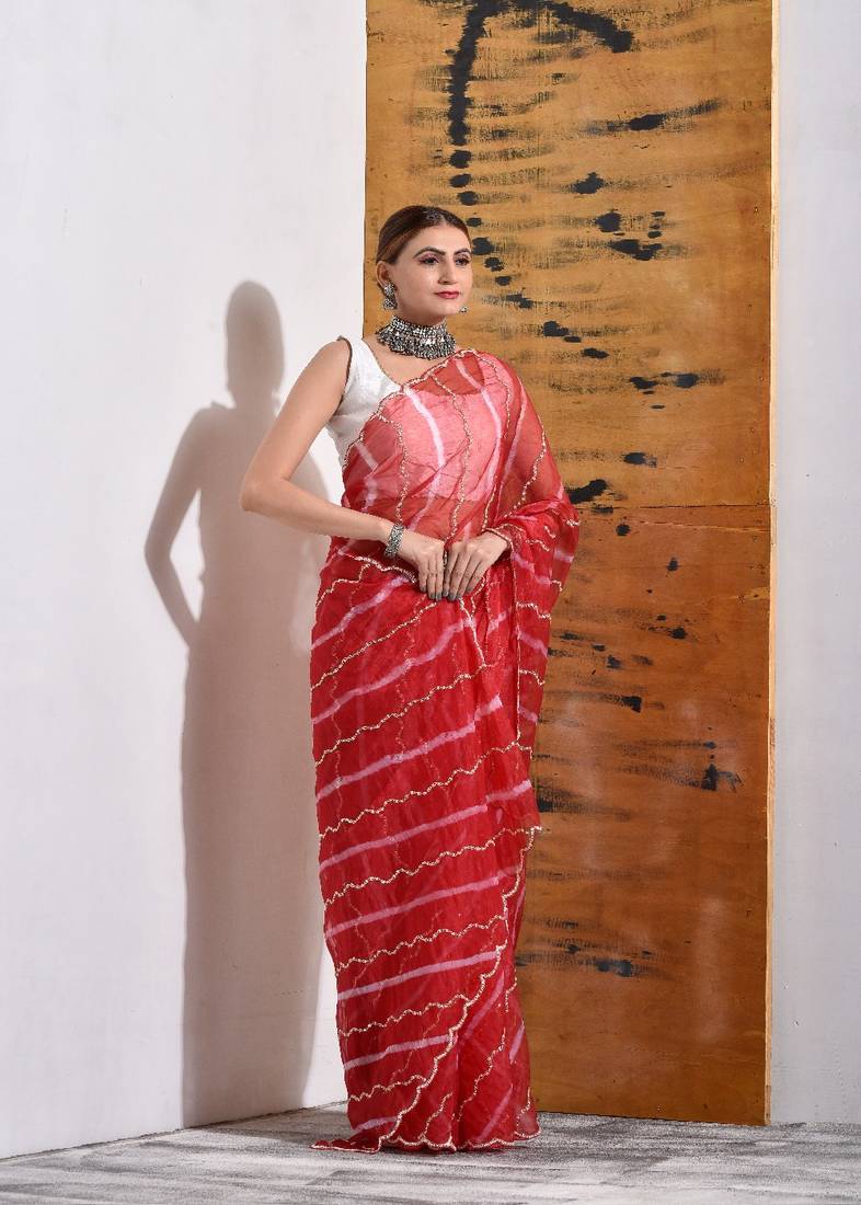 Red Organza Bridal Saree with Pearls