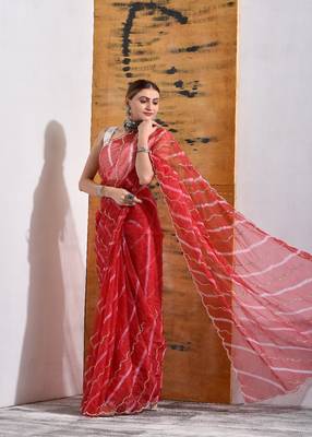 Red Organza Bridal Saree with Pearls 4
