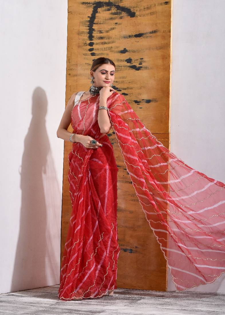 Red Organza Bridal Saree with Pearls