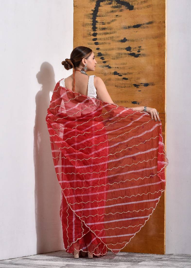 Red Organza Bridal Saree with Pearls