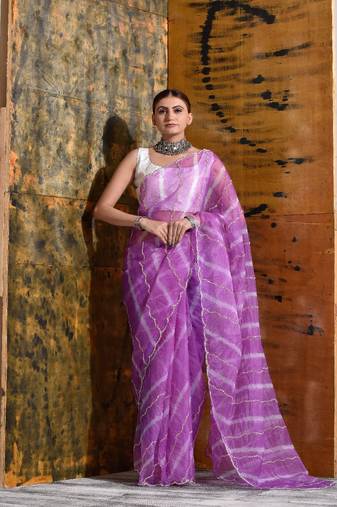 Lavender Organza Tissue Handwork Saree