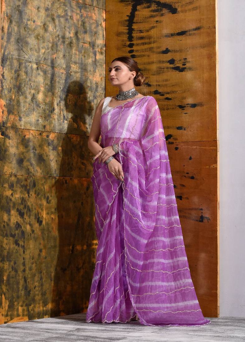 Lavender Organza Tissue Handwork Saree
