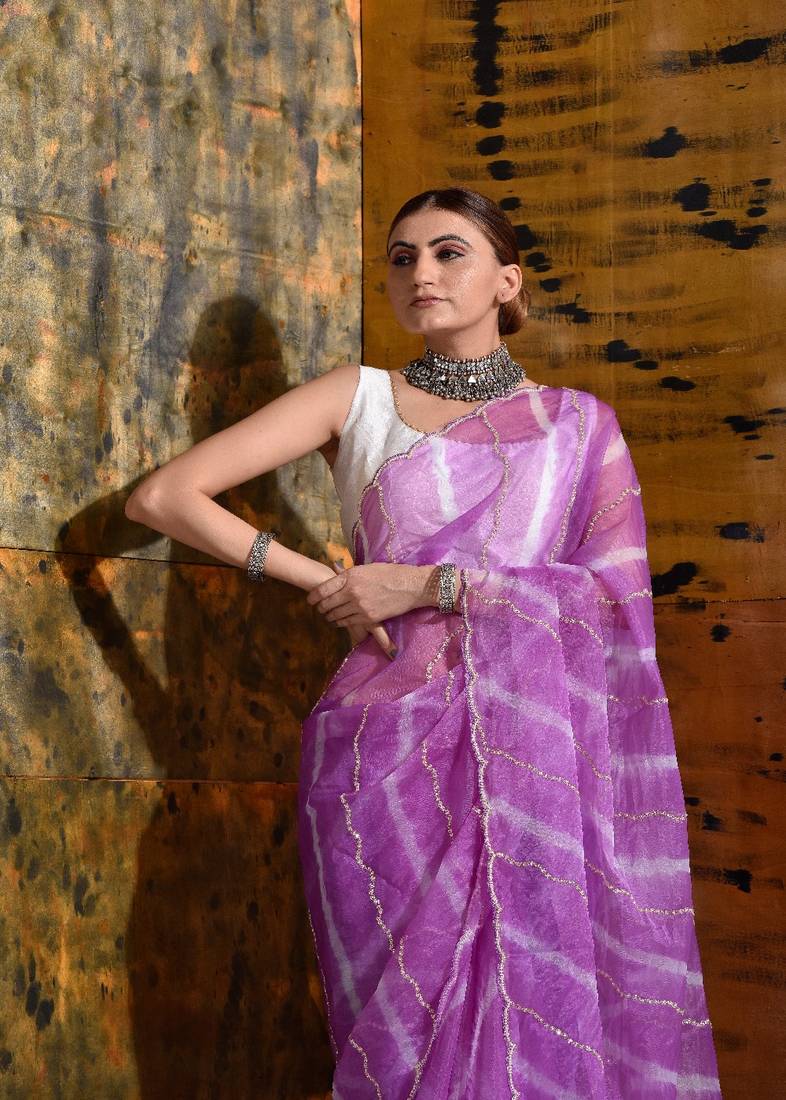 Lavender Organza Tissue Handwork Saree