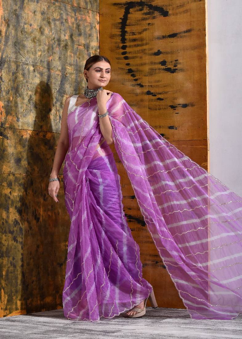 Lavender Organza Tissue Handwork Saree