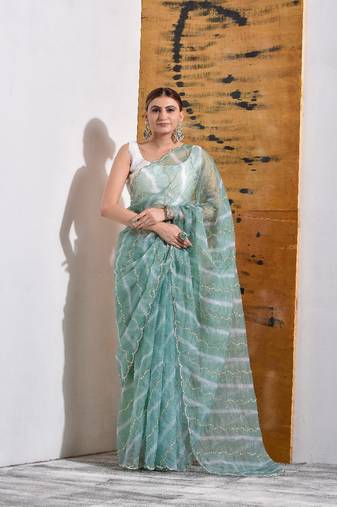 Jade Green Organza Tissue Pearl Work Saree