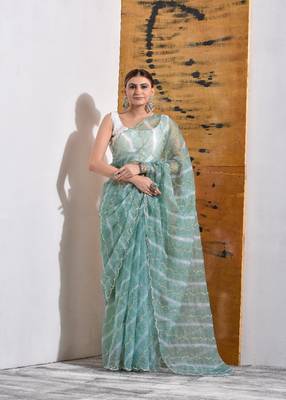 Jade Green Organza Tissue Pearl Work Saree 1