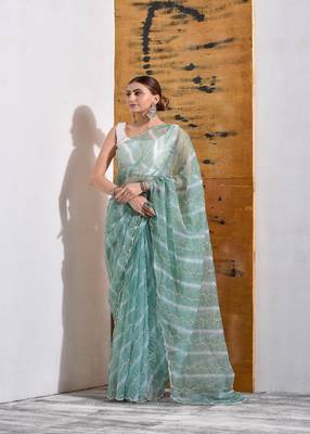 Jade Green Organza Tissue Pearl Work Saree 2
