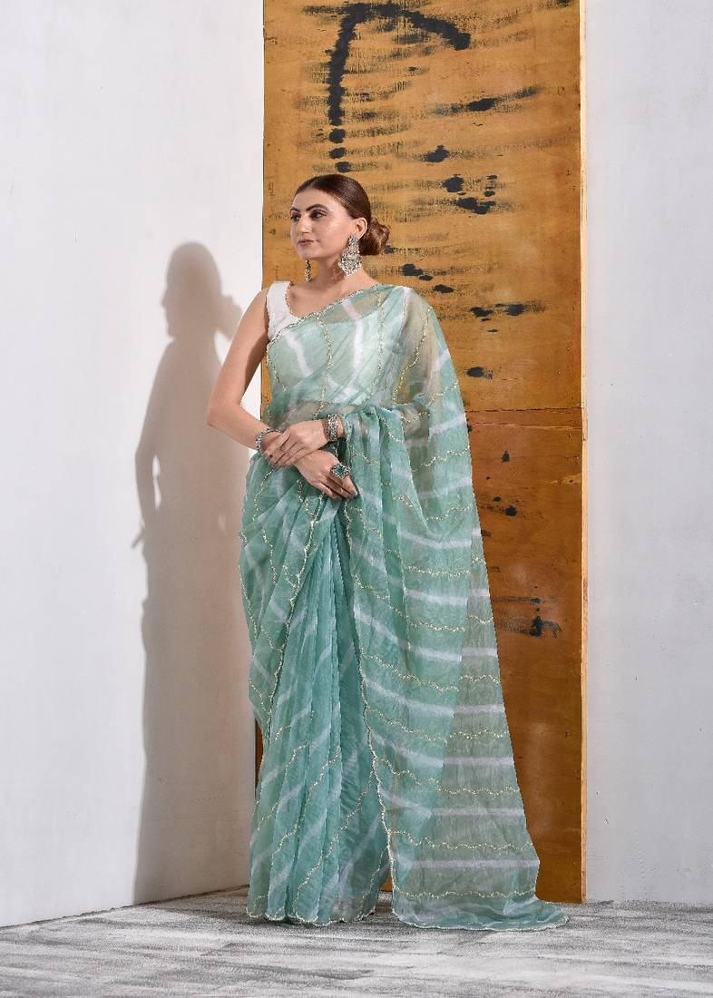 Jade Green Organza Tissue Pearl Work Saree