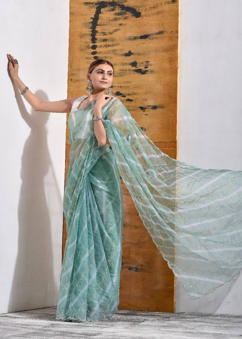 Jade Green Organza Tissue Pearl Work Saree