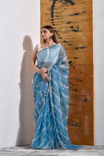Powder Blue handcrafted Organza Tissue Saree