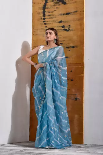Powder Blue handcrafted Organza Tissue Saree