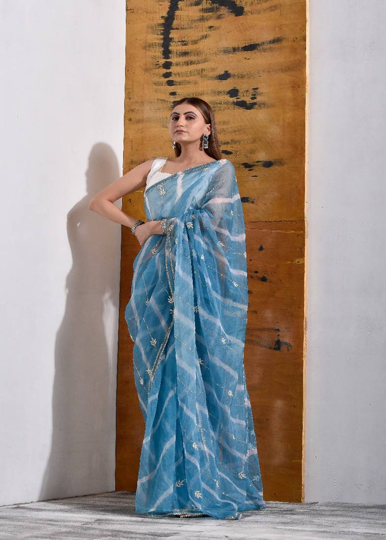 Powder Blue handcrafted Organza Tissue Saree