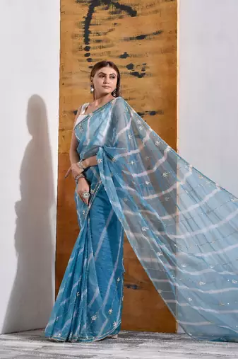Powder Blue handcrafted Organza Tissue Saree