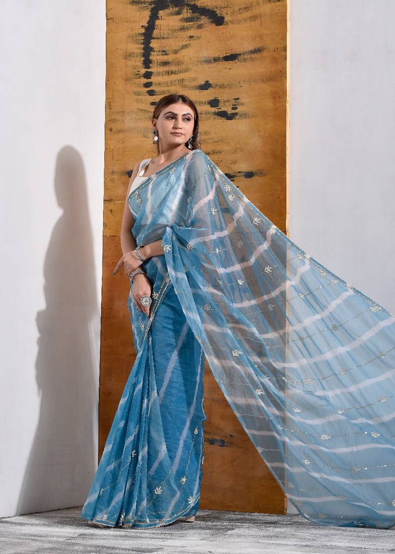 Powder Blue handcrafted Organza Tissue Saree