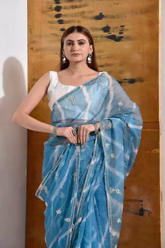Powder Blue handcrafted Organza Tissue Saree