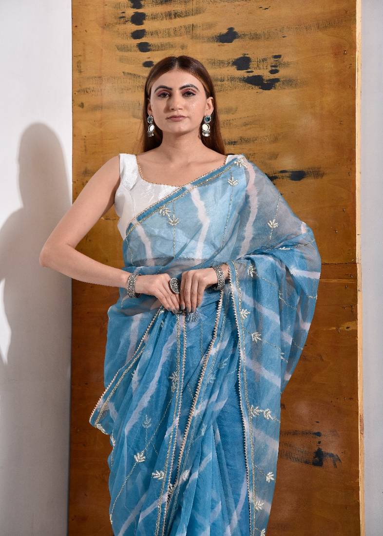 Powder Blue handcrafted Organza Tissue Saree