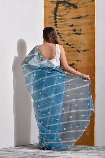 Powder Blue handcrafted Organza Tissue Saree
