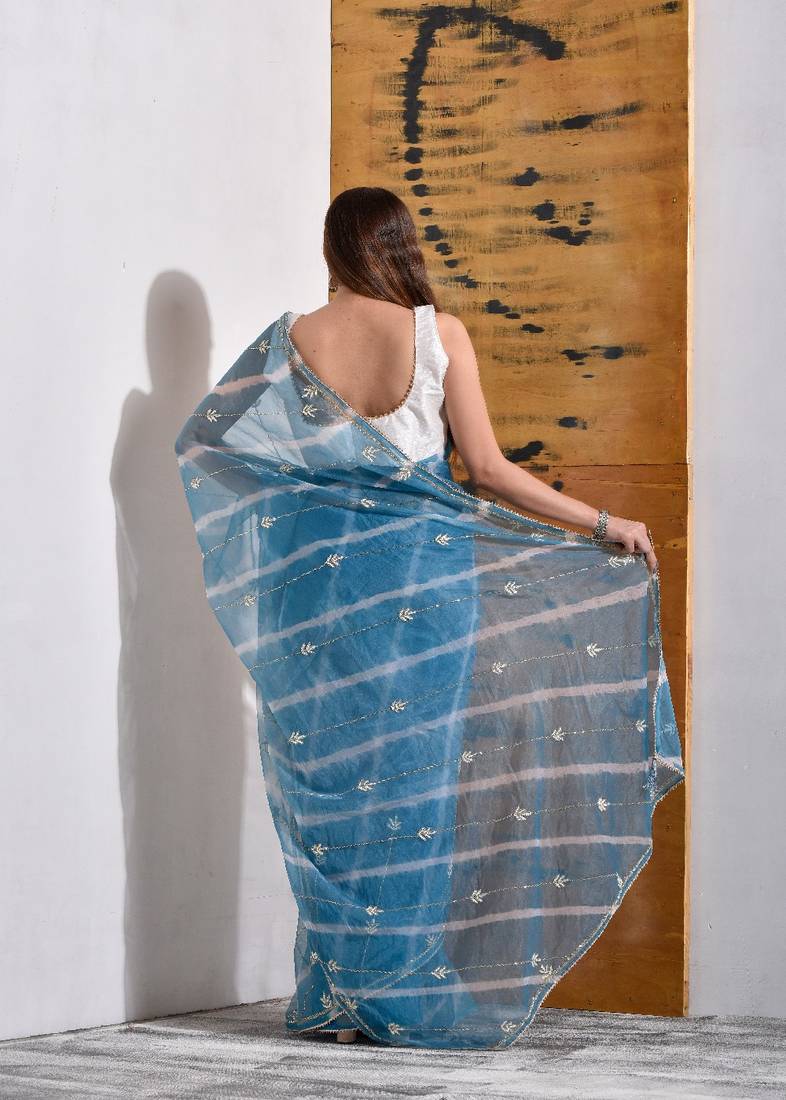 Powder Blue handcrafted Organza Tissue Saree