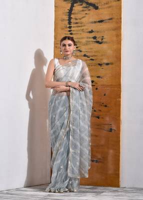Grey handcrafted Organza Tissue Saree 1