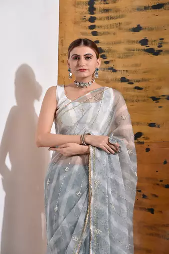 Grey handcrafted Organza Tissue Saree