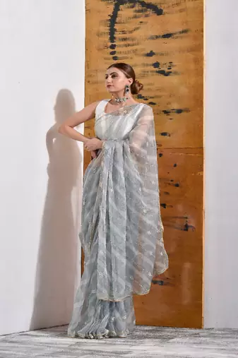 Grey handcrafted Organza Tissue Saree