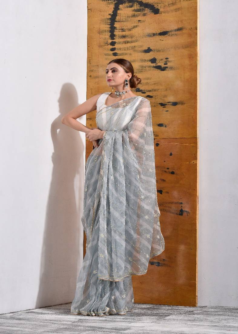 Grey handcrafted Organza Tissue Saree