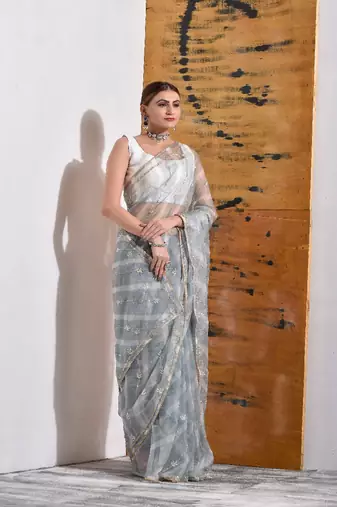 Grey handcrafted Organza Tissue Saree