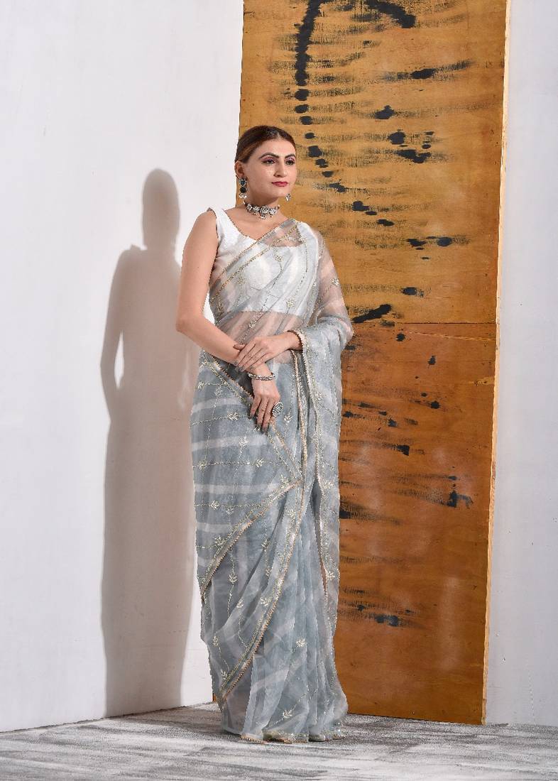 Grey handcrafted Organza Tissue Saree