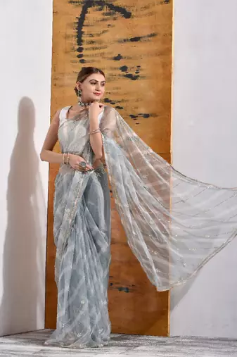 Grey handcrafted Organza Tissue Saree