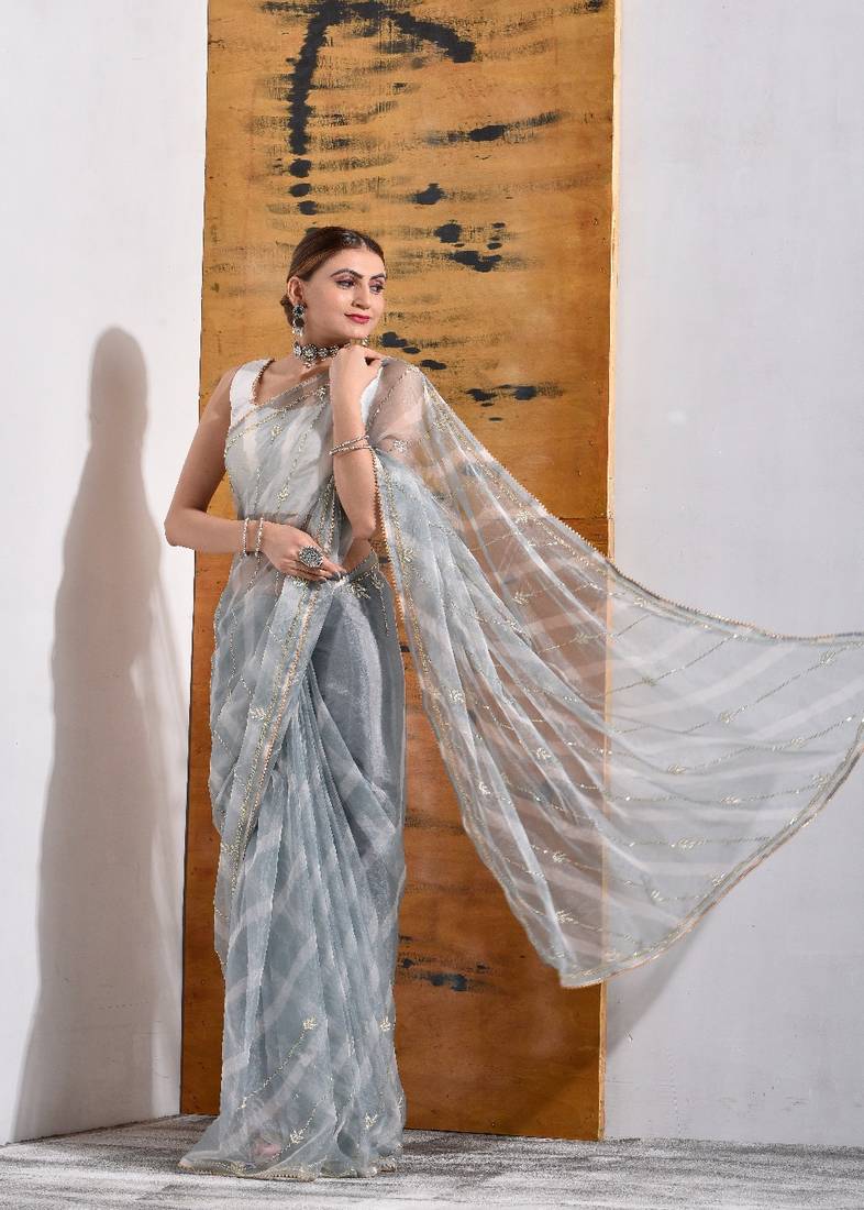 Grey handcrafted Organza Tissue Saree