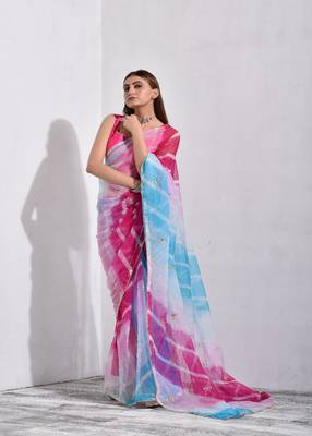 Multicolor Pary Wear Organza Tissue work Saree 1