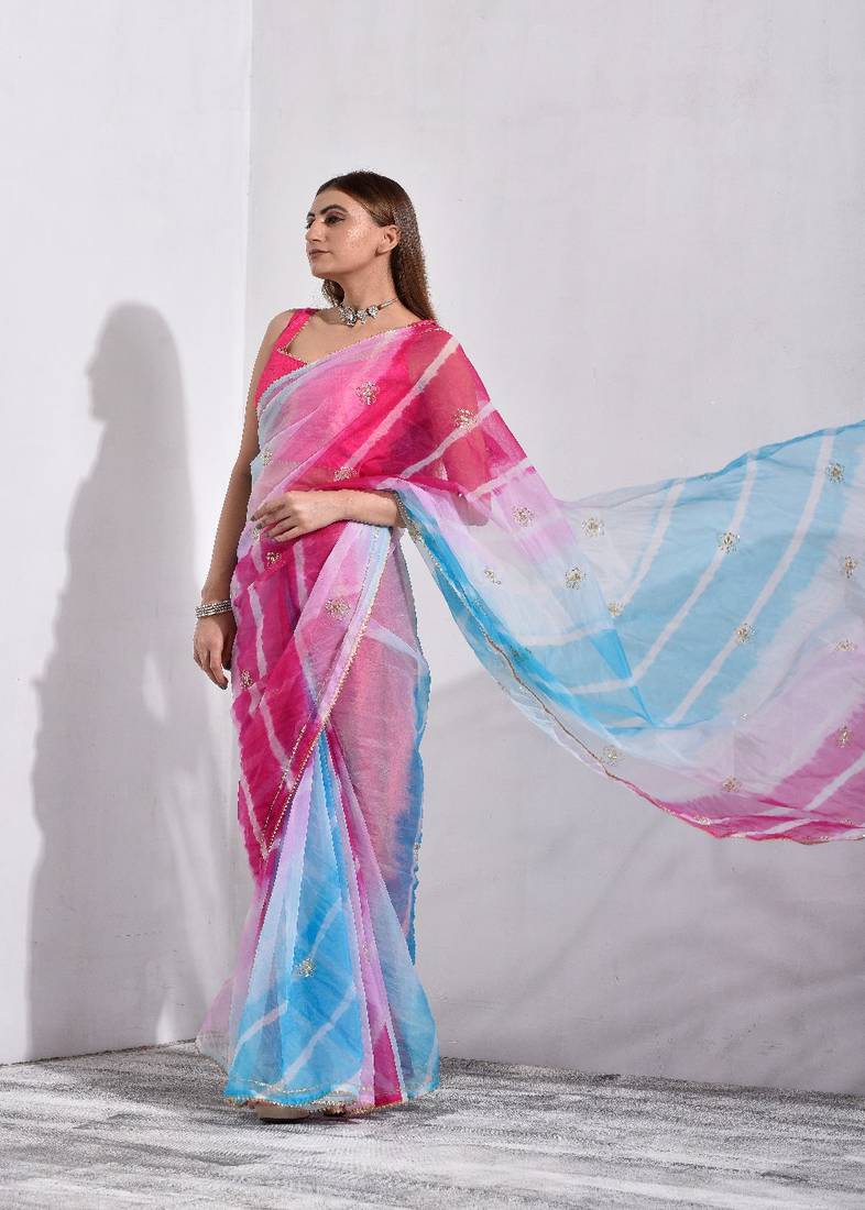 Multicolor Pary Wear Organza Tissue work Saree