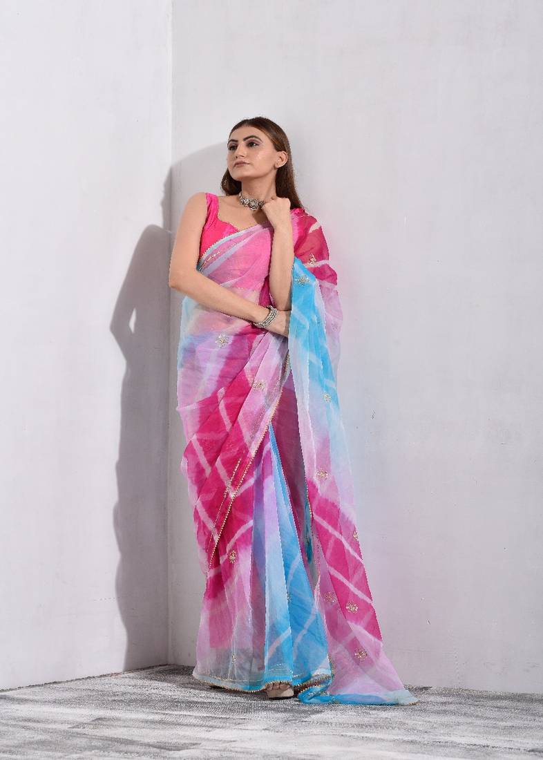Multicolor Pary Wear Organza Tissue work Saree