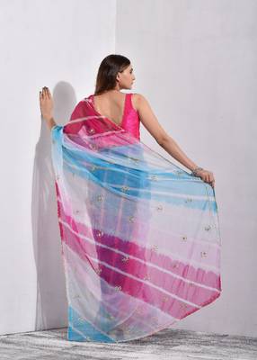Multicolor Pary Wear Organza Tissue work Saree 5