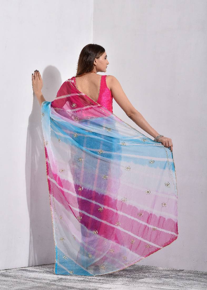 Multicolor Pary Wear Organza Tissue work Saree
