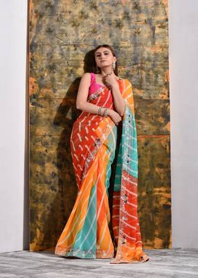 Multicolor Pure Georgette Handwork Bridal Saree 1