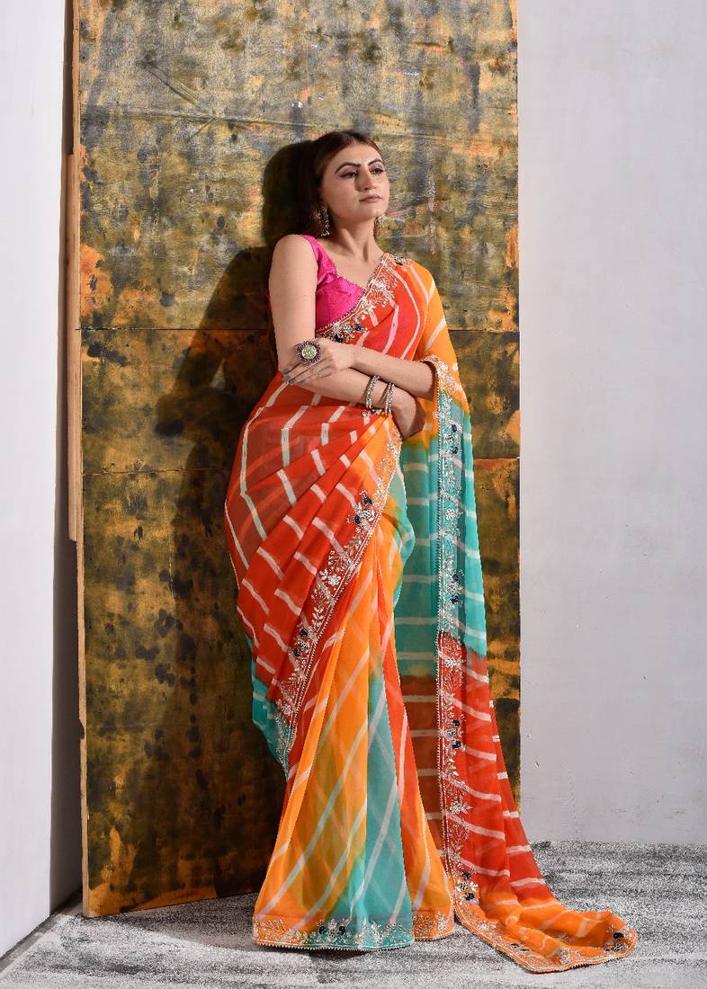 Multicolor Pure Georgette Handwork Bridal Saree